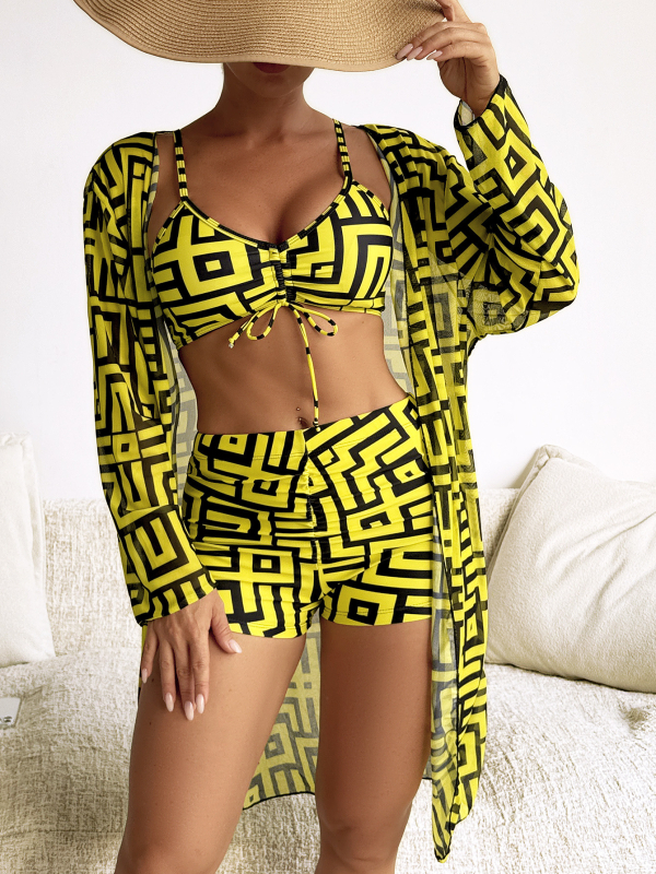 Set bikini din trei piese, imprimat, cu acoperire cu mâneci lungi, top căptușit, poliester 82% / căptușeală 18%, 180 g/m², pentru femei adulte