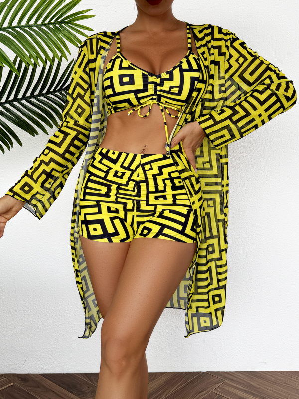 Set bikini din trei piese, imprimat, cu acoperire cu mâneci lungi, top căptușit, poliester 82% / căptușeală 18%, 180 g/m², pentru femei adulte