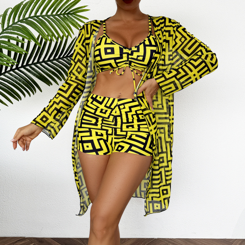 Set bikini din trei piese, imprimat, cu acoperire cu mâneci lungi, top căptușit, poliester 82% / căptușeală 18%, 180 g/m², pentru femei adulte