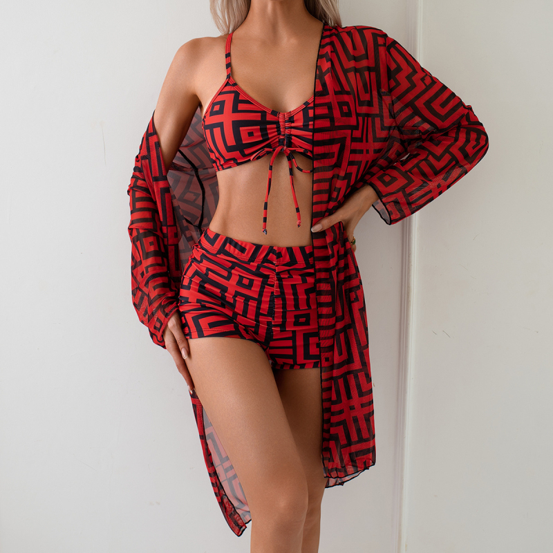 Set bikini din trei piese, imprimat, cu acoperire cu mâneci lungi, top căptușit, poliester 82% / căptușeală 18%, 180 g/m², pentru femei adulte