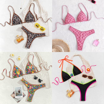 Ženski bikini s otisom u trokuti obliku s tangom – poliester, brzo suši, s umetkom za dojke, otvoren leđa