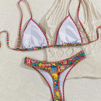 Ženski bikini s otisom u trokuti obliku s tangom – poliester, brzo suši, s umetkom za dojke, otvoren leđa