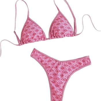 Ženski bikini s otisom u trokuti obliku s tangom – poliester, brzo suši, s umetkom za dojke, otvoren leđa