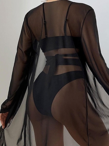 Σετ μαγιό τριών τεμαχίων: τοπ με σταυρωτό σχέδιο κιμονό, μπικίνι με κορδάνι, επένδυση για το στήθος, πολυεστέρας, μονόχρωμο σχέδιο