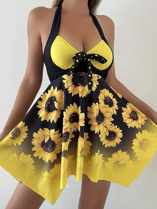 Set de costum de baie din două părți, cu imprimeu floral, cu burete pentru bust și fără suport din oțel, fără mâneci, material poliester cu 82% nylon și căptușeală poliester 95%, potrivit pentru înot și sporturi acvatice