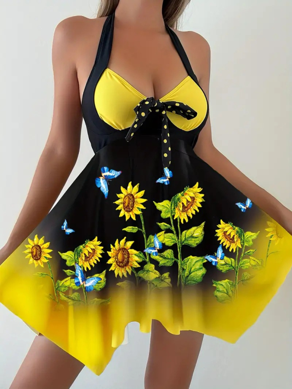 Set de costum de baie din două părți, cu imprimeu floral, cu burete pentru bust și fără suport din oțel, fără mâneci, material poliester cu 82% nylon și căptușeală poliester 95%, potrivit pentru înot și sporturi acvatice