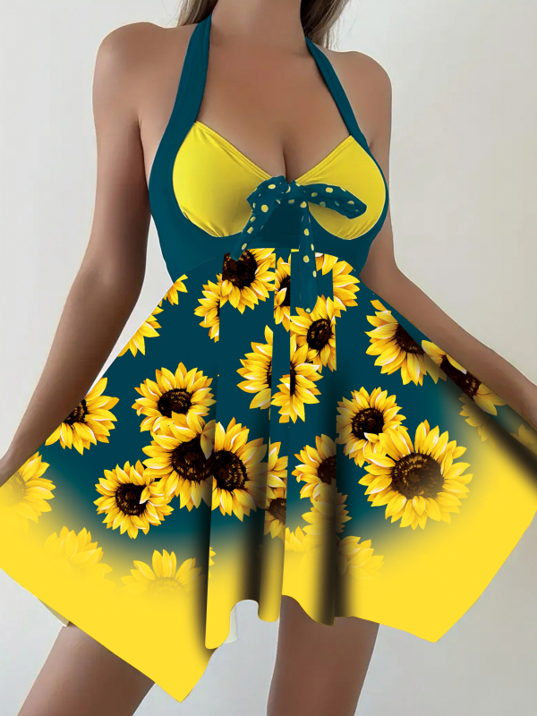 Set de costum de baie din două părți, cu imprimeu floral, cu burete pentru bust și fără suport din oțel, fără mâneci, material poliester cu 82% nylon și căptușeală poliester 95%, potrivit pentru înot și sporturi acvatice
