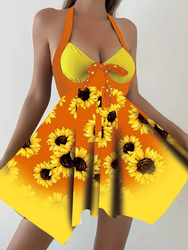 Set de costum de baie din două părți, cu imprimeu floral, cu burete pentru bust și fără suport din oțel, fără mâneci, material poliester cu 82% nylon și căptușeală poliester 95%, potrivit pentru înot și sporturi acvatice