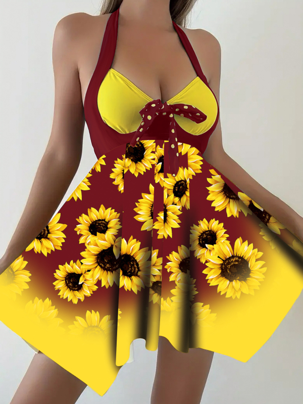 Set de costum de baie din două părți, cu imprimeu floral, cu burete pentru bust și fără suport din oțel, fără mâneci, material poliester cu 82% nylon și căptușeală poliester 95%, potrivit pentru înot și sporturi acvatice