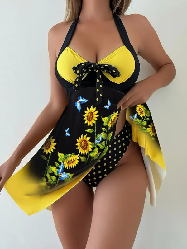 Set de costum de baie din două părți, cu imprimeu floral, cu burete pentru bust și fără suport din oțel, fără mâneci, material poliester cu 82% nylon și căptușeală poliester 95%, potrivit pentru înot și sporturi acvatice