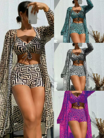 Γυναικείο σετ μαγιό τριών τεμαχίων: με επενδυμένο στήθος, πάνω μέρος με συγκέντρωση, κάτω μέρος υψηλής μέσης и κάλυμμα παραλίας (πολυεστέρας που στεγνώνει γρήγορα)