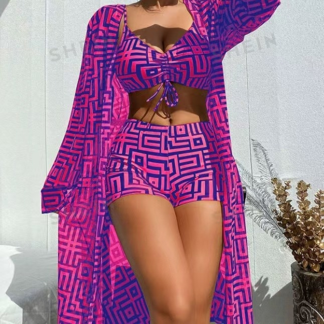 Γυναικείο σετ μαγιό τριών τεμαχίων: με επενδυμένο στήθος, πάνω μέρος με συγκέντρωση, κάτω μέρος υψηλής μέσης и κάλυμμα παραλίας (πολυεστέρας που στεγνώνει γρήγορα)