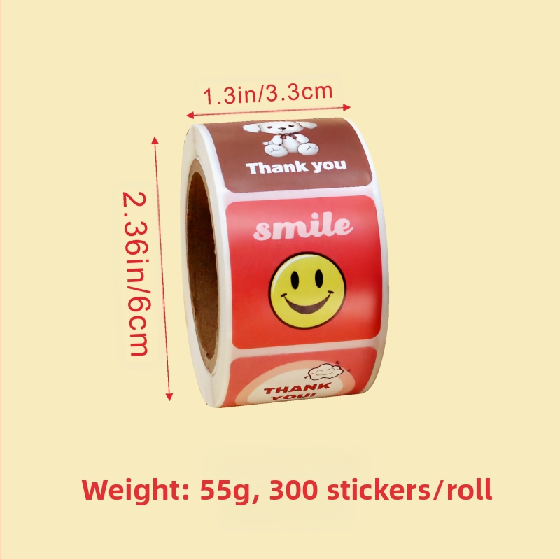 Ролни самозалепващи стикери — сладки карикатурни усмивки, хартия с покритие, модерен минималистичен стил, UV печат, отпечатано лого, персонализируеми