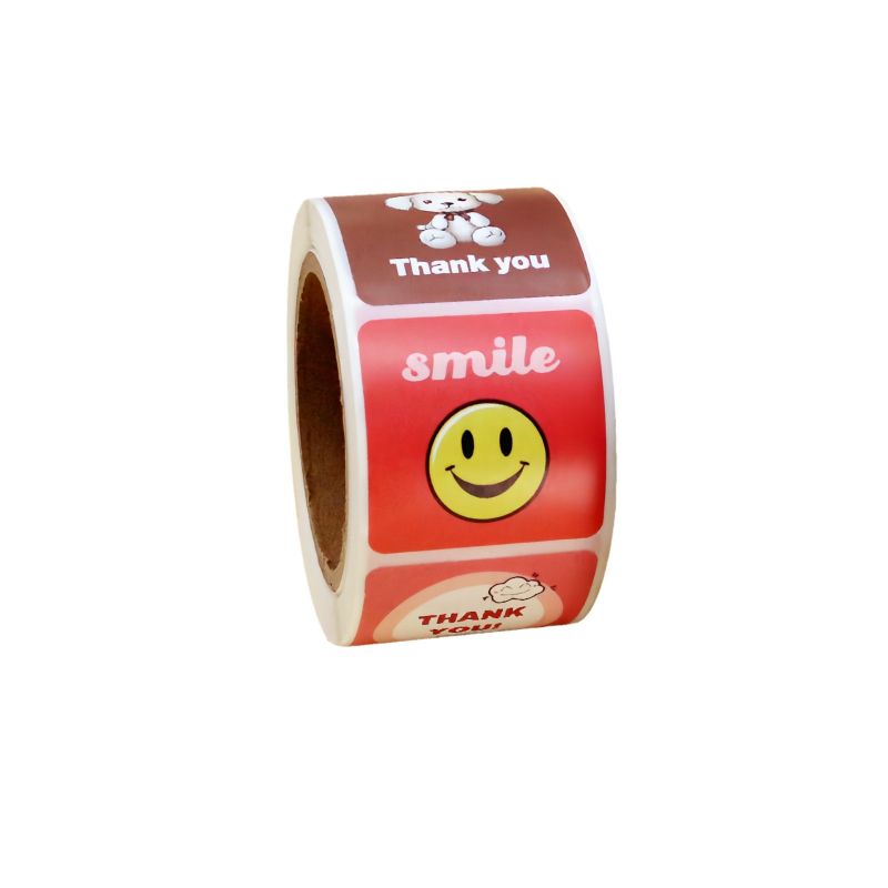 Rullīšu pašlīmējošās etiķetes – mīļas karikatūru smaidi, pārklāts papīrs, UV druka, ar izdrukātu logotipu, pielāgojamas