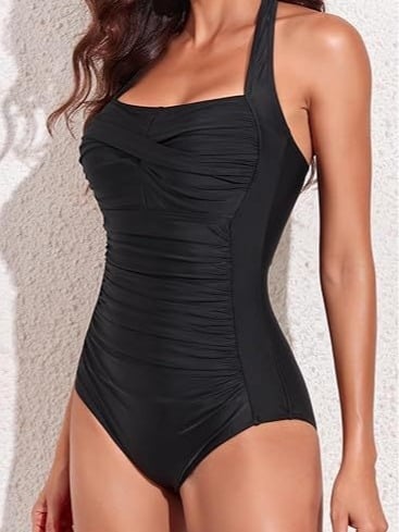 Едночастен бански костюм за възрастни жени, оформящ талията, с подплатени чашки, найлонова материя, без ръкави