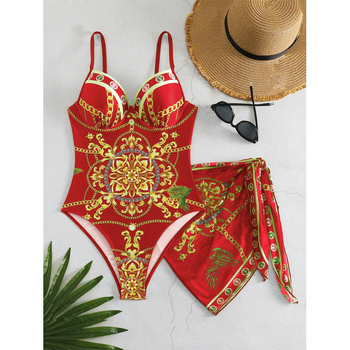 Τυπωμένο ολόσωμο μαγιό με ρετρό στυλ και φούστα-κάλυμμα για γυναίκες, με ενσωματωμένες επένδυσεις στήθους, 82% πολυεστέρας, 18% σπαντέξ