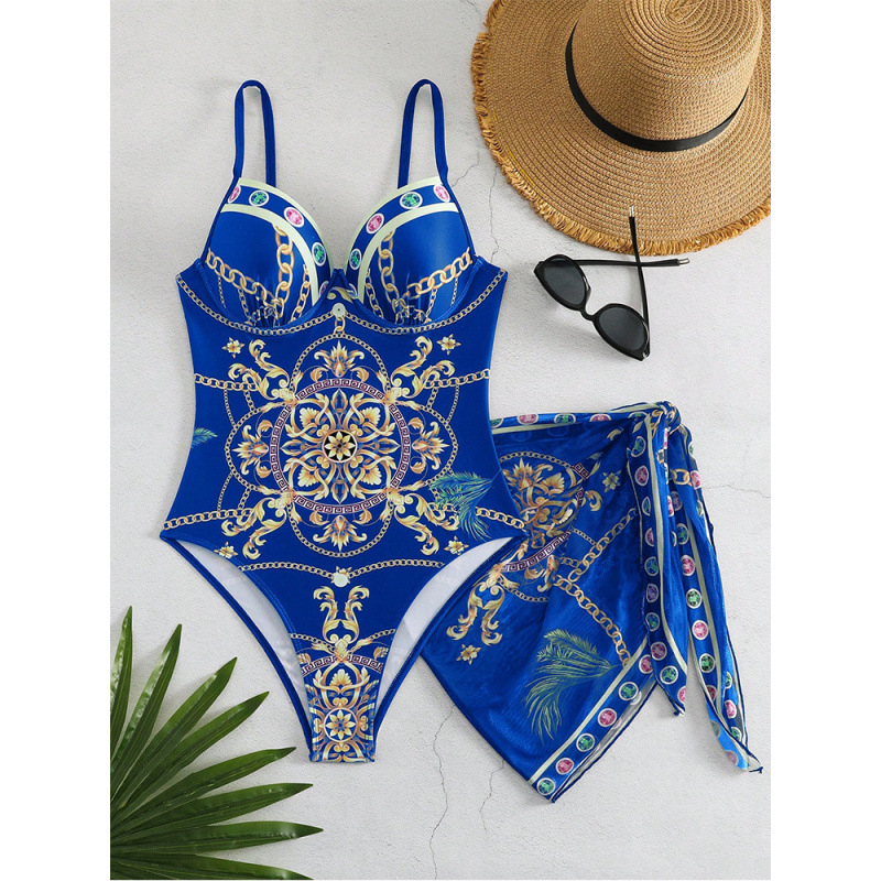 Τυπωμένο ολόσωμο μαγιό με ρετρό στυλ και φούστα-κάλυμμα για γυναίκες, με ενσωματωμένες επένδυσεις στήθους, 82% πολυεστέρας, 18% σπαντέξ