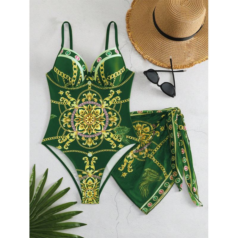 Τυπωμένο ολόσωμο μαγιό με ρετρό στυλ και φούστα-κάλυμμα για γυναίκες, με ενσωματωμένες επένδυσεις στήθους, 82% πολυεστέρας, 18% σπαντέξ