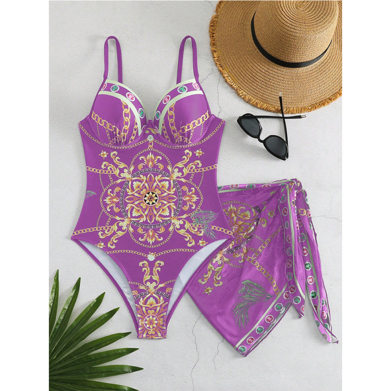 Τυπωμένο ολόσωμο μαγιό με ρετρό στυλ και φούστα-κάλυμμα για γυναίκες, με ενσωματωμένες επένδυσεις στήθους, 82% πολυεστέρας, 18% σπαντέξ