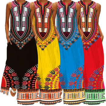 Rochie lungă fără mâneci cu buzunare, decolteu în V, imprimeu african etnic; material: amestec fibre chimice; croială lejeră