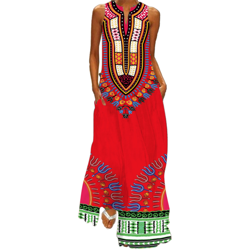 Rochie lungă fără mâneci cu buzunare, decolteu în V, imprimeu african etnic; material: amestec fibre chimice; croială lejeră