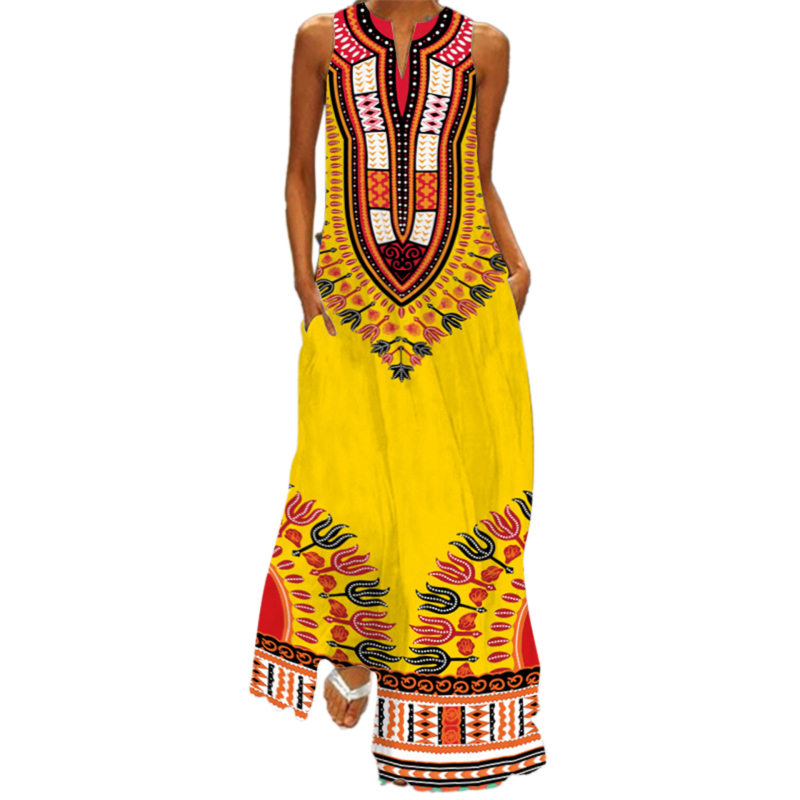 Rochie lungă fără mâneci cu buzunare, decolteu în V, imprimeu african etnic; material: amestec fibre chimice; croială lejeră
