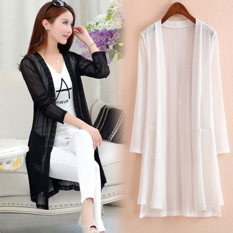 Καλοκαιρινό ultra-ελαφρύ μπουφάν-ζακέτα με V-λαιμό, κορδόνι στο μπροστινό άνοιγμα, μακριά μανίκια, μακρύ μήκος