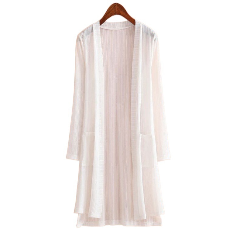 Καλοκαιρινό ultra-ελαφρύ μπουφάν-ζακέτα με V-λαιμό, κορδόνι στο μπροστινό άνοιγμα, μακριά μανίκια, μακρύ μήκος