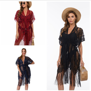 Δαντελένιος cardigan για παραλία, μακρύς, λαιμό σάλι, μανίκια μισού μήκους, πολυεστερικό ύφασμα 95%+