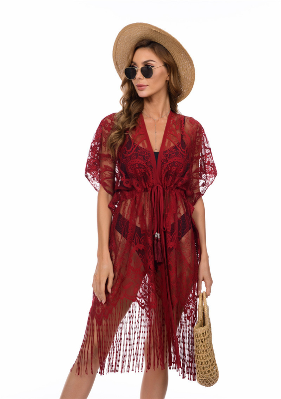 Δαντελένιος cardigan για παραλία, μακρύς, λαιμό σάλι, μανίκια μισού μήκους, πολυεστερικό ύφασμα 95%+