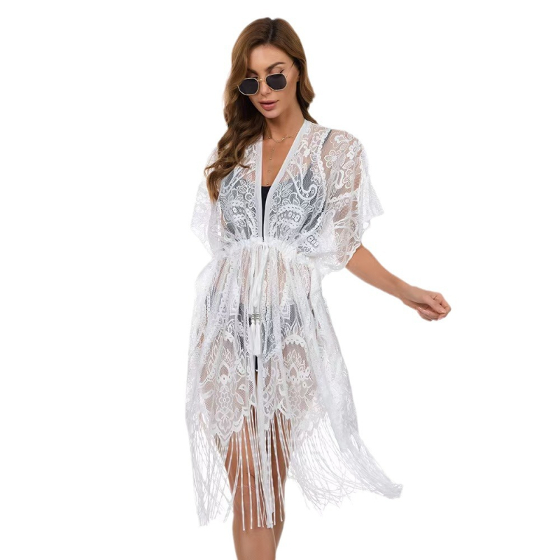 Δαντελένιος cardigan για παραλία, μακρύς, λαιμό σάλι, μανίκια μισού μήκους, πολυεστερικό ύφασμα 95%+