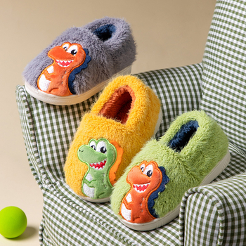 Ziemas bērnu kokvilnas čības ar dinosaura tēlu, neslīdoša TPR zole, biezinātas, viegli uzvilkt, vecums 1–6 gadi