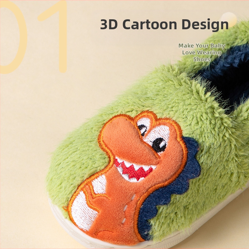 Зимни детски памучни чехли за деца на възраст 1–6 години с динозавърски карикатурен дизайн, антихлъзгаща подметка TPR, дебелина, лесно обуване, за вътрешна и външна употреба