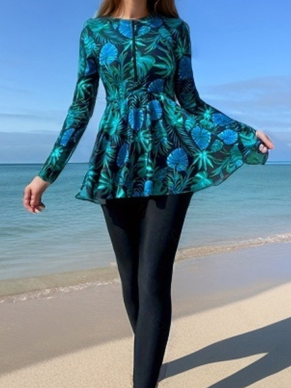 Σετ μαγιό τριών τεμαχίων με μοτίβο φύλλου σφενδάμου, με επένδυση στήθους, ύφασμα πολυεστέρα-ελαστάν, επένδυση