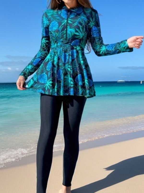 Σετ μαγιό τριών τεμαχίων με μοτίβο φύλλου σφενδάμου, με επένδυση στήθους, ύφασμα πολυεστέρα-ελαστάν, επένδυση