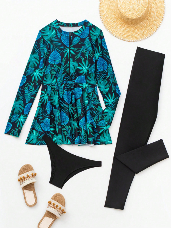 Σετ μαγιό τριών τεμαχίων με μοτίβο φύλλου σφενδάμου, με επένδυση στήθους, ύφασμα πολυεστέρα-ελαστάν, επένδυση