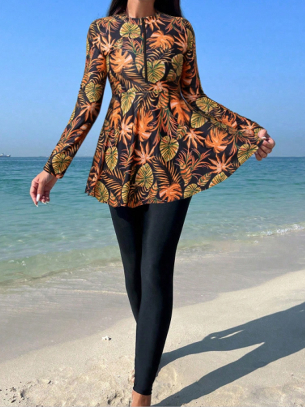 Σετ μαγιό τριών τεμαχίων με μοτίβο φύλλου σφενδάμου, με επένδυση στήθους, ύφασμα πολυεστέρα-ελαστάν, επένδυση