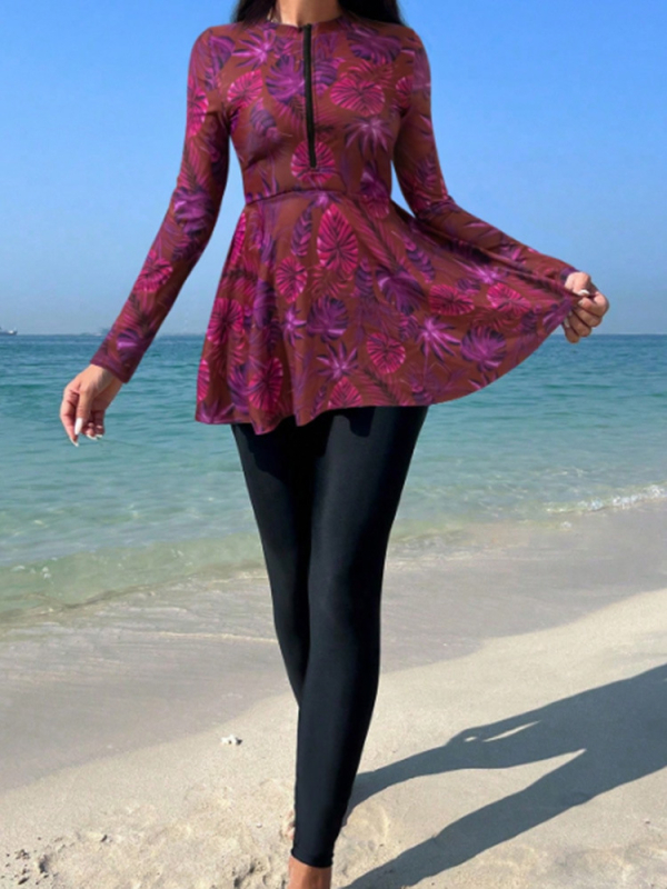 Σετ μαγιό τριών τεμαχίων με μοτίβο φύλλου σφενδάμου, με επένδυση στήθους, ύφασμα πολυεστέρα-ελαστάν, επένδυση