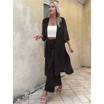 Σετ παντελόνι από πολυεστέρα για γυναίκες με μακρύ μανίκι cardigan-top με τσέπη και φαρδιά παντελόνια, φθινόπωρο 2023
