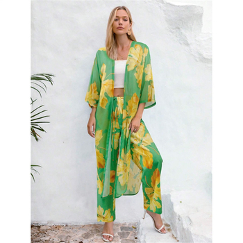 Σετ παντελόνι από πολυεστέρα για γυναίκες με μακρύ μανίκι cardigan-top με τσέπη και φαρδιά παντελόνια, φθινόπωρο 2023