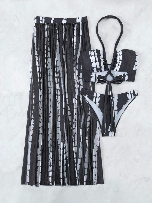 Γυναικείο σετ μπικίνι τριών τεμαχίων ριγέ, με μαξιλάρι στήθους, ύφασμα πολυεστέρα, βάρος 220 g