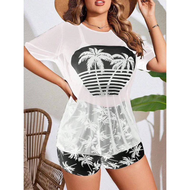 Τριών τεμαχίων σετ μαγιό με ψηλή μέση, mesh κάλυμμα για πάνω μέρος, εκτύπωση με φοίνικα και καρύδα, με επένδυση στήθους, πολυεστέρας