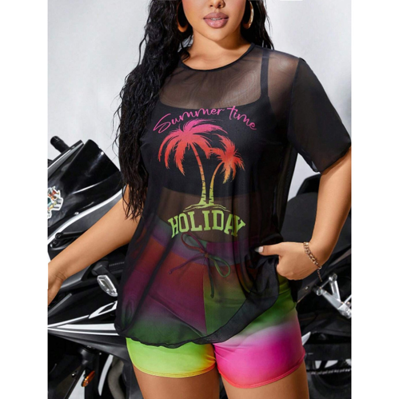 Τριών τεμαχίων σετ μαγιό με ψηλή μέση, mesh κάλυμμα για πάνω μέρος, εκτύπωση με φοίνικα και καρύδα, με επένδυση στήθους, πολυεστέρας