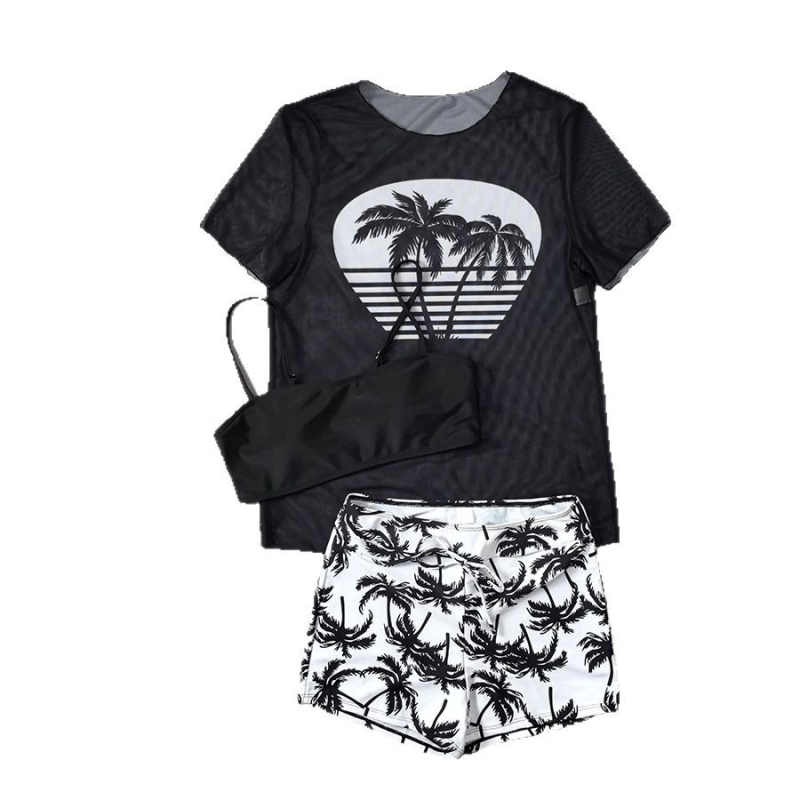 Τριών τεμαχίων σετ μαγιό με ψηλή μέση, mesh κάλυμμα για πάνω μέρος, εκτύπωση με φοίνικα και καρύδα, με επένδυση στήθους, πολυεστέρας