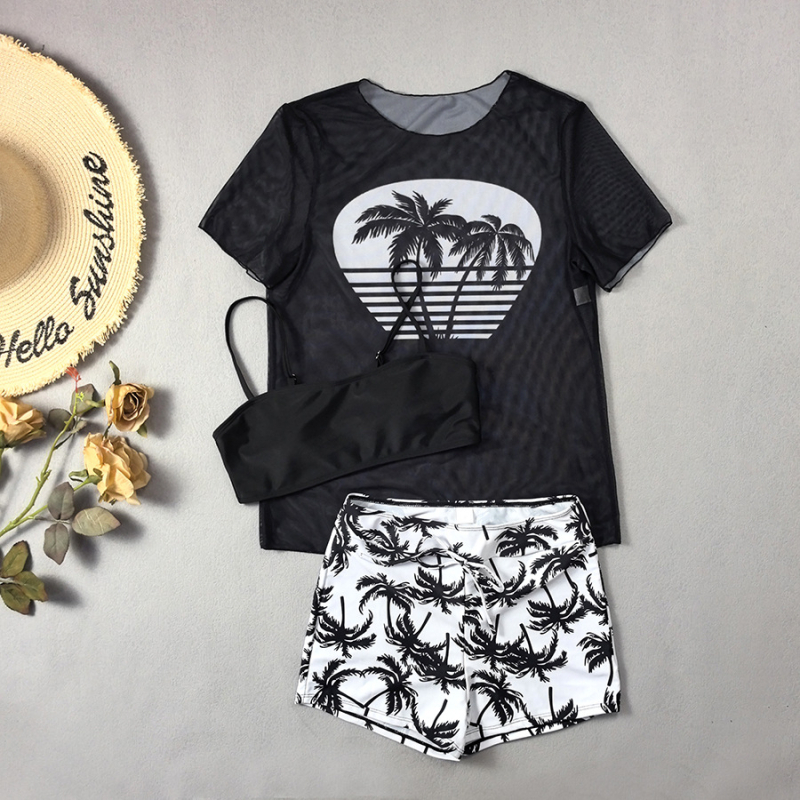 Τριών τεμαχίων σετ μαγιό με ψηλή μέση, mesh κάλυμμα για πάνω μέρος, εκτύπωση με φοίνικα και καρύδα, με επένδυση στήθους, πολυεστέρας