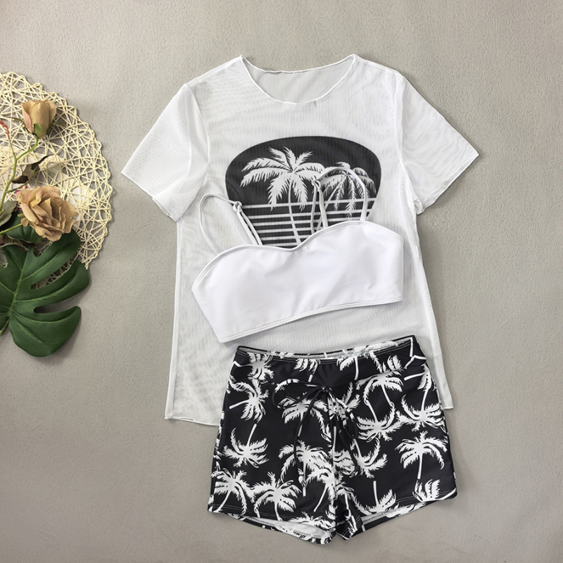 Τριών τεμαχίων σετ μαγιό με ψηλή μέση, mesh κάλυμμα για πάνω μέρος, εκτύπωση με φοίνικα και καρύδα, με επένδυση στήθους, πολυεστέρας