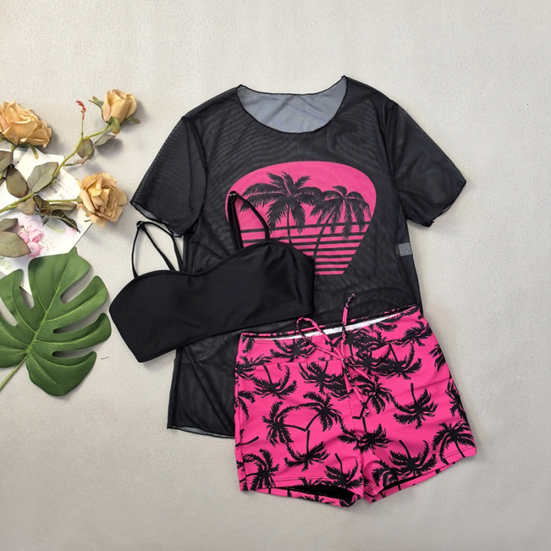 Τριών τεμαχίων σετ μαγιό με ψηλή μέση, mesh κάλυμμα για πάνω μέρος, εκτύπωση με φοίνικα και καρύδα, με επένδυση στήθους, πολυεστέρας