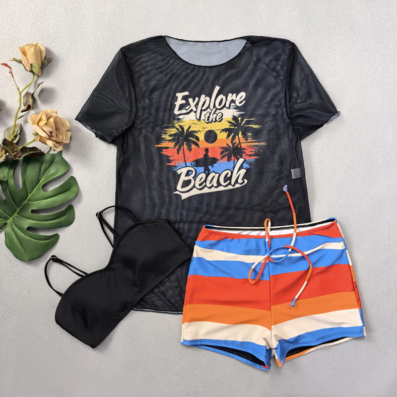 Τριών τεμαχίων σετ μαγιό με ψηλή μέση, mesh κάλυμμα για πάνω μέρος, εκτύπωση με φοίνικα και καρύδα, με επένδυση στήθους, πολυεστέρας