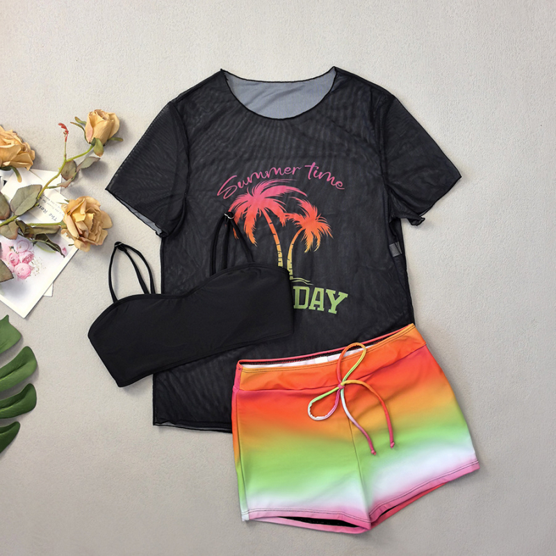 Τριών τεμαχίων σετ μαγιό με ψηλή μέση, mesh κάλυμμα για πάνω μέρος, εκτύπωση με φοίνικα και καρύδα, με επένδυση στήθους, πολυεστέρας