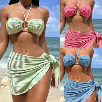 Női háromrészes bikini szett, fűzős szoknyarésszel, puha kosár, poliészter 82% + spandex 18%